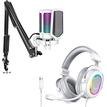 FIFINE Streaming RGB USB Microphone Gaming Headset Bundle, PC Condenser Mic Wired Headset on PS4/PS5, Gamer Kit Plug and Play for Recording, Online Game, Discord, Twitch (A6TW+H6W)