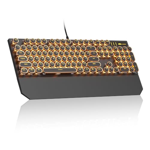MageGee Typewriter Mechanical Gaming Keyboard, Retro Round Golden Electroplated Keycaps, LED Orange Backlit Wired Keyboards for Laptop PC Gamer, with Magnetic Wrist Rest, Metal Panel, Blue Switch - color: Orange