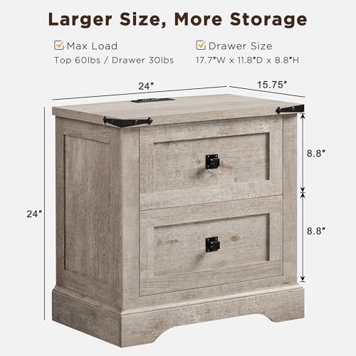 T4TREAM 24" Farmhouse Nightstand with Charging Station, Light Rustic Oak | End Table, 2 Large Storage Drawers, Rustic Wood Sofa Bedside Table, Bedroom, Living Room - color: Light Rustic Oak, size: 24"W*15.75"D*24"H