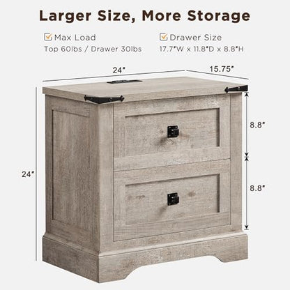 T4TREAM 24" Farmhouse Nightstand with Charging Station, Light Rustic Oak | End Table, 2 Large Storage Drawers, Rustic Wood Sofa Bedside Table, Bedroom, Living Room - color: Light Rustic Oak, size: 24"W*15.75"D*24"H