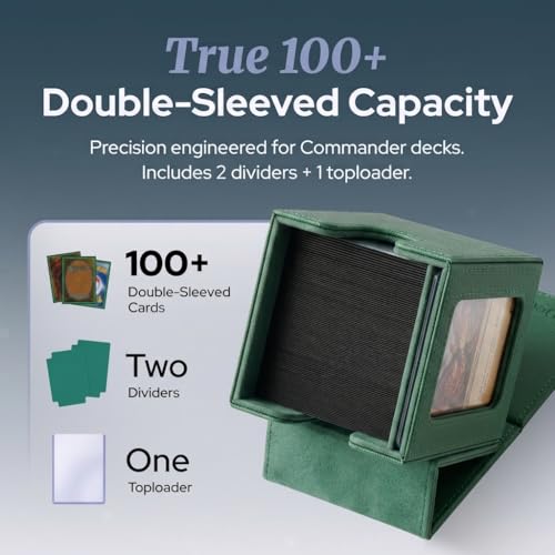 Commander Deck Box MTG 100 Card Holder with Display Window Green | PU leather, 4 N52 magnets, fits 100 double-sleeved cards, display window, durable, portable, secure closure - color: Green, size: 110+