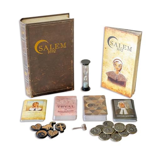 Facade Games Salem 1692 Deluxe Edition, Witch Hunt for 4-12 Players | Ages 14 and Up, Social Deduction Game, Deluxe Upgrades: Metal Gavel, Wood Tokens & Shillings - style: Deluxe Salem 1692