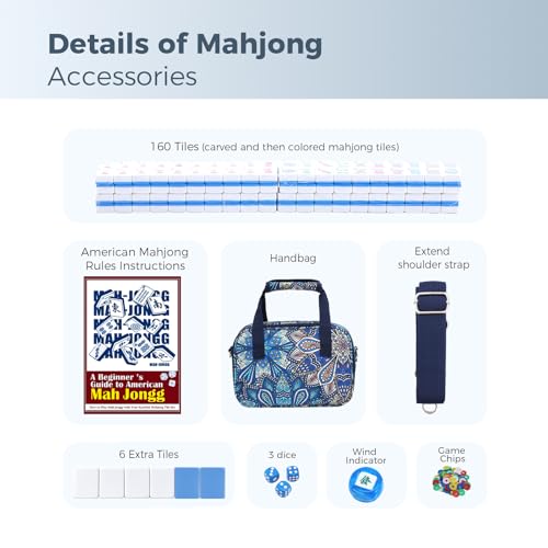 American Mahjong Tile Set with Printed Handbag, 166 Premium Blue Tile and Accessories, Portable and Stylish Mahjong Set, Mahjong Game Set for Travel, Gifts（Blue, No Racks） - color: Blue