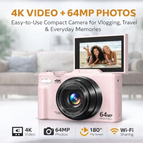 Acuvar 4K Digital Camera, 64MP Compact Digital Camera for Photography & Vlogging, Flip Screen, WiFi, 16X Zoom, Small Camera for YouTube, Beginners with 64GB Card, Pink - style: Basic Camera Kit