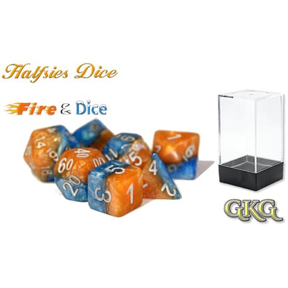 Gate Keeper Games and Dice: Halfsies Dice: Fire & Dice - 7pc Set, Flame Orange & Frost Blue, Pearlescent Swirl, 7 Resin Dice for Role Playing Games - style: Fire & Dice