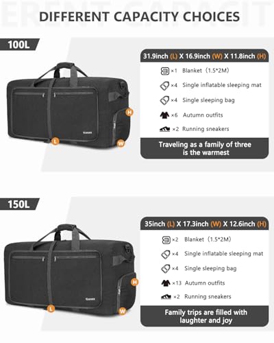 Gonex Large Foldable Travel Duffle Bag with Shoes Compartment, Packable Lightweight Water Repellent Duffel Bag for Camping Gym Weekender Bag - color: Dark Grey, size: 100L