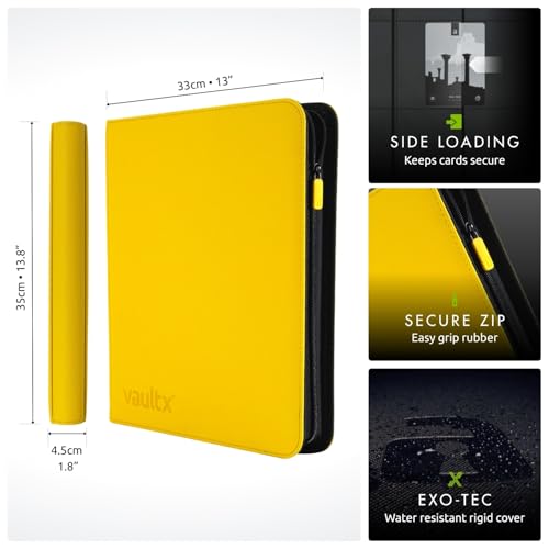 Vault X 12 Pocket Zip Trading Card Binder 480 Cards Exo-Tec (Yellow) | Holds 480 standard-size TCG cards in 20 side-loading 12-pocket pages. Padded, water-resistant Exo-Tec cover. - color: Yellow, size: 12 Pocket