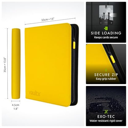 Vault X 12 Pocket Zip Trading Card Binder 480 Cards Exo-Tec (Yellow) | Holds 480 standard-size TCG cards in 20 side-loading 12-pocket pages. Padded, water-resistant Exo-Tec cover. - color: Yellow, size: 12 Pocket