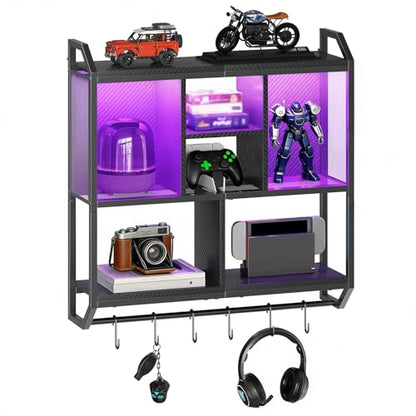 HOOBRO Gaming Floating Shelves with LED Lights, 28.7" LED Wall Mounted Shelf, 3-Tier Display Rack for Wall Storage, Floating Rack with Hanging Rod and 6 S-Hooks, for Gaming Room, Black BB70DBJ01 - color: Black