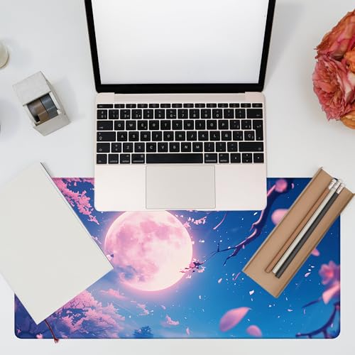 Large Gaming Mouse Pad for Desk, Falling Cherry Blossoms Desk Mat, Bright Full Moon Desk Pad, 31.5"x15.7" Extended Big Computer Keyboard Mouse Pad with Non-Slip Base and Stitched Edge - color: Falling Cherry Blossoms