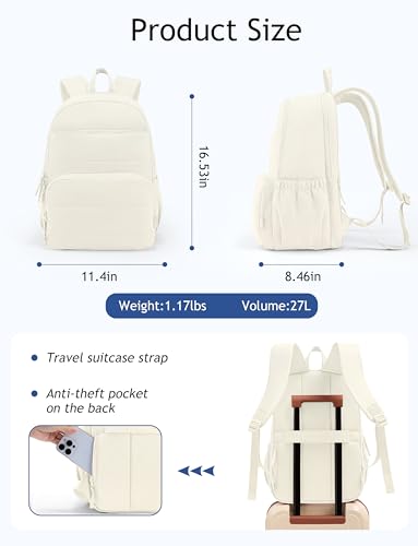 Uselike Travel Backpack for Women, 15.6 Inch Laptop Backpack, Quilted College Bookbag, Cute Work Backpacks, Water Resistant (Beige) - color: Beige