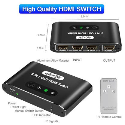 HDMI Switch 3 in 1 Out, 4K@60Hz HDMI Selector with Remote Control, 3 Ports HDMI Switcher, Perfect for Full HD 4K 1080P 3D Video Roku Fire TV Blu-ray Players Stick Apple PS4/PS5 Xbox Chromecast (black) - color: Black