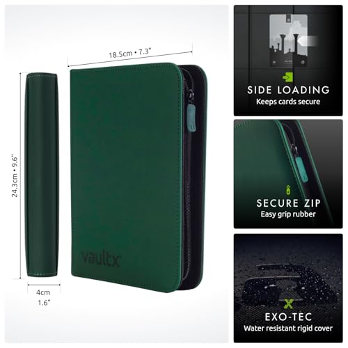 Vault X 4 Pocket Zip Trading Card Binder 160 Cards Exo-Tec (Green) | Holds 160 standard-size TCG cards in 20 side-loading 4-pocket pages. Padded, water-resistant Exo-Tec cover. - color: Green