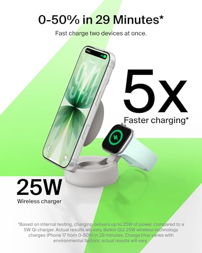 Belkin Qi2.2 25W Wireless 2 in 1 iPhone Charger, Fast Charging for Travel | Fast Charging, MagSafe Compatible, iPhone 17/16/15, Apple Watch, Travel Charger, Magnetic - color: Sand, style: 2 in 1