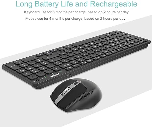 Arteck 2.4G USB Wireless Keyboard and Mouse Combo Ultra Slim Compact Keyboard and Ergonomic Mouse for Computer Desktop PC Laptop and Windows 11/10/8/7 Build in USB-C Rechargeable Battery