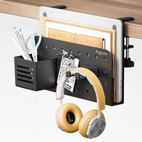 Desk Side Storage Organizer, Fits Flat Edge 0.4" to 2.2", Black | No Drill Under Desk Laptop Holder, Clamp on Desks Shelf with Pegboard Accessories, Hanging Laptop Mount - color: Black