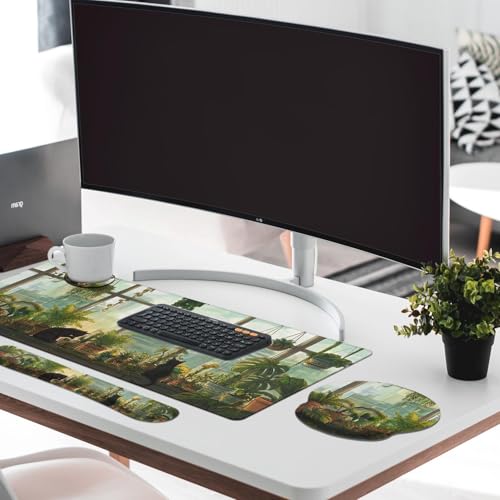 Britimes Cute Cat Keyboard Mouse Pad Set Green Plants 4in1 Large Mousepad+Keyboard Wrist Rest+Mouse Wrist Rest+Coaster Ergonomic Design for Home Office Computer 35.4x15.7 inches - color: Black Cat