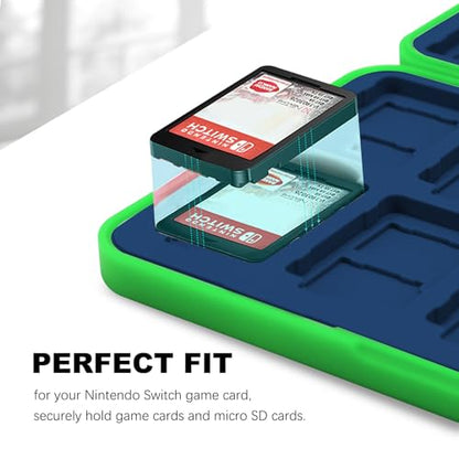 FYY Nintendo Switch Game Case Holder for Switch 2 Cartridge, Green & Navy | 24 Game Card Slots & 48 Micro SD Card Slots, Hard Shell, Silicone Lining - color: B-Green Navy