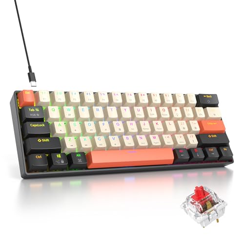 Orange Mechanical Gaming Keyboard 60 Percent, Red Switch RGB Keyboard 60%, 61 Keys Small Wired Key board, PBT Keycaps Anti-Ghosting Mini Keyboards for Business Trips, Game/Office (61 Carbon) - color: 61 Carbon/Red Switch