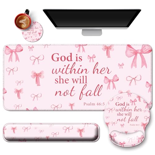 4 in 1 Mouse Pad Set with Wrist Rest for Keyboard,Desk Mat,Coaster-Pink Bow | Desk Matt for Desktop Cute Ergonomic Keyboard Pad Support For Gaming Computer Women Office Home Decor - color: A6-Pink Bow