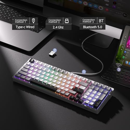 MageGee LIGHT100 Wireless Creamy Keyboard, Gasket Structure Hot Swappable, Tri-Mode 2.4G/USB-C/BT5.0 RGB Backlit Mechanical Gaming Keyboard for Win/Mac/PC, PBT Keycap, 4000mAh Battery, Grey - color: Grey Black/Blue Whale Switch