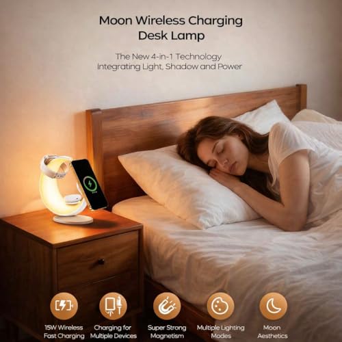 3 in 1 Magnetic Wireless Charging Station, Moon-Design | Magsafe Charger Stand, RGB Night Light, 15W Fast Wireless Charger, Foldable, For iPhone & Airpods & Watch