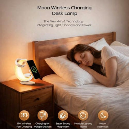 3 in 1 Magnetic Wireless Charging Station, Moon-Design | Magsafe Charger Stand, RGB Night Light, 15W Fast Wireless Charger, Foldable, For iPhone & Airpods & Watch