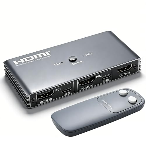 HDMI KVM Switch 4K@60Hz USB 2.0 KVM Switcher with IR Remote Control 2 HDMI Ports 4 USB 2.0 Ports 2-in-1 PC Switcher for Home Office Gaming