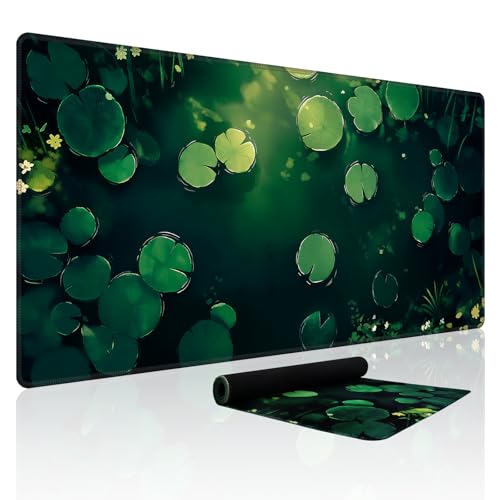 Baziabbo Green Desk Mat,XXL Extended Big Mouse Pad,Gaming Mousepad with Stitched Edge,Non-Slip Rubber Base Keyboard Desk Pad for Home Office Study Game - color: Pond Lotus Leaf