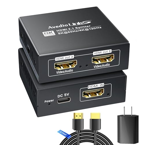 HDMI 2.1 Splitter 1 in 2 Out 8K@60Hz w/ 4ft 8K HDMI Cable, HDCP 2.3 4K@120Hz HDMI Audio Splitter for Soundbar, Support VRR, ALLM, HDR10+, Dolby Vision/Atmos 7.1ch, Down Scaler, 48Gbps for PS5