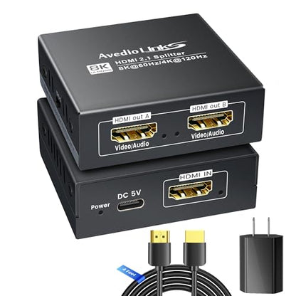 HDMI 2.1 Splitter 1 in 2 Out 8K@60Hz w/ 4ft 8K HDMI Cable, HDCP 2.3 4K@120Hz HDMI Audio Splitter for Soundbar, Support VRR, ALLM, HDR10+, Dolby Vision/Atmos 7.1ch, Down Scaler, 48Gbps for PS5