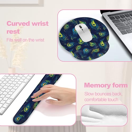 Blue Peacock Feather Keyboard Wrist Rest Pad and Mouse Pad Wrist Support Set,3-in-1 Ergonomic Mouse Pad with Non-Slip Rubber Base for Home Office Game Computers Desk, - color: Blue Peacock Feather