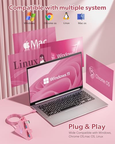 4-Port USB 3.0 Hub, FlyingVHUB Vertical Data USB Hub with 2 ft Extended Cable, for Mac, PC, Xbox One, PS4, PS5, iMac, Surface Pro, XPS, Laptop, Desktop, Flash Drive, Mobile HDD(Pink) - color: Pink-A