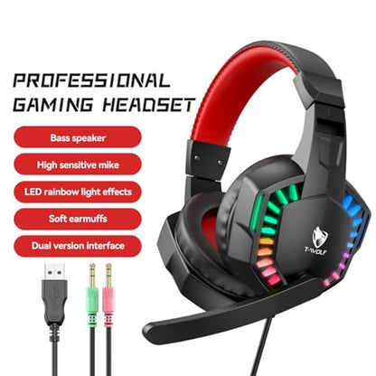 Stereo Gaming Headset for PS4 PC Xbox One PS5 Controller, Noise Cancelling Over Ear Headphones with Mic, LED Light, 7.1 Surround Sound, Soft Memory Earmuffs for Nintendo Xbox Series