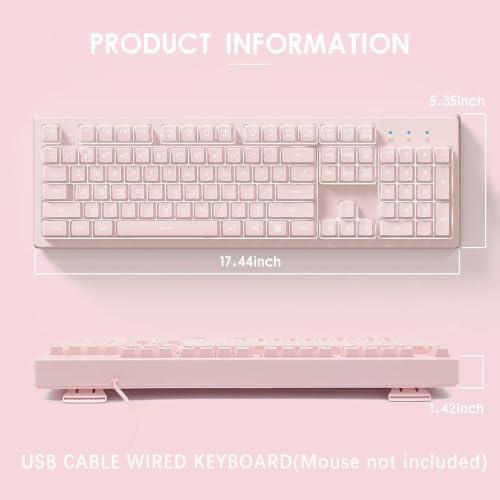 Basaltech Pink Wired Keyboard with Rainbow LED Backlit | Full Size 104 Key USB Gaming Keyboard,Quiet Creamy Typing and Double Shot Keycaps Light Up Keyboard for PC, Mac, Laptop