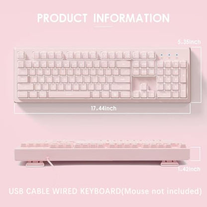 Basaltech Pink Wired Keyboard with Rainbow LED Backlit | Full Size 104 Key USB Gaming Keyboard,Quiet Creamy Typing and Double Shot Keycaps Light Up Keyboard for PC, Mac, Laptop
