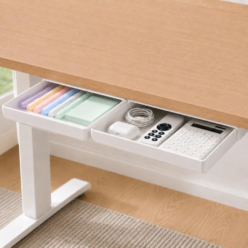 YOOUSOO Under Desk Drawer Organizer, 2 Pack Self Adhesive Slide Out Desk Storage Drawers, Hidden Desk Drawer Attachment for Pens, Notes, Earbuds, Cables and Small Office Accessories, White - color: White