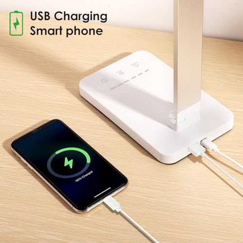 LAOPAO LED Desk Lamp, Dual Head Desk Light, 5 Levels Dimmable & 3 Color Modes Eye-Caring Table Light with USB Charging Port, Table Lamp for Reading, Studying, Home Office,White - color: White1