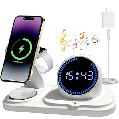 6-in-1 Wireless Charging Station with Bluetooth Speaker,Digital Clock and Ambient Lights,Fast Wireless Charger for Multiple Devices for Apple - iPhone 17 16 15 14 13 12 Pro Max Apple Watch Airpods
