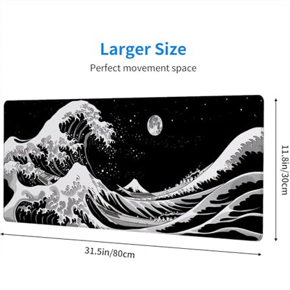 Japanese Sea Wave Anime Desk Mat Black and White Kanagawa XL Mouse Pad Large Mousepad Extended Laptop Keyboard Mat Gaming Desk Pad Mouse Mat 31.5"x11.8" Office Computer Keyboard Laptop Home - color: Japanese Sea Wave Anime_013, size: 11.8" x 31.5"