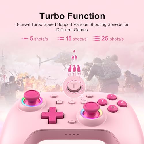 SIMGAL Wireless Controller for Switch/PC, Breathing LED, Pink | Wireless gamepad with 6-axis gyro/dual vibration/ergonomic, Switch Lite/OLED/Steam Deck/PC compatible, bluetooth/wired