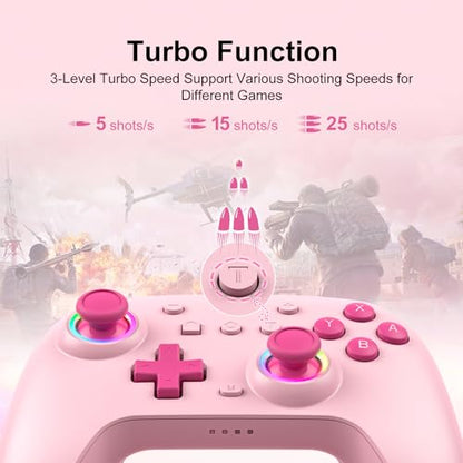 SIMGAL Wireless Controller for Switch/PC, Breathing LED, Pink | Wireless gamepad with 6-axis gyro/dual vibration/ergonomic, Switch Lite/OLED/Steam Deck/PC compatible, bluetooth/wired