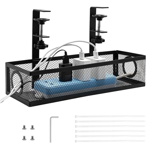 Under Computer Desk Cable Management Tray, No Drill Clamp-On Cord Organizer, Sturdy Metal Wire Tray for Office & Home Desks, Black