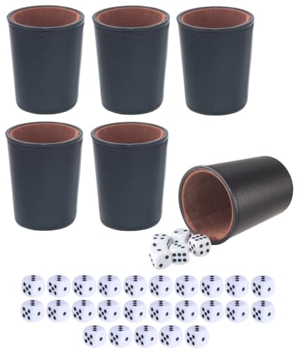 Leather Dice Cup, Quite Felt-Lined Interior, 6 Shaker Cups and 30 Dot Dices, one Carry Bag (Black and Brown) - color: Black and Brown