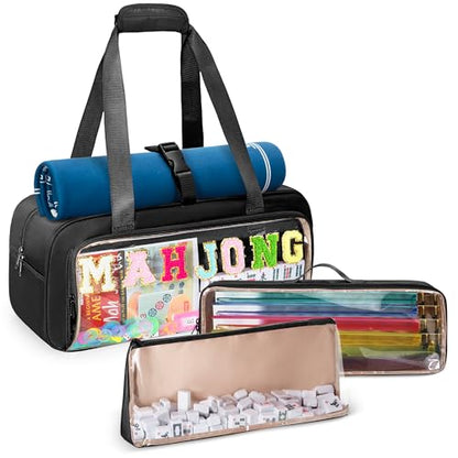 Yarwo 3 PCS Mahjong Bag Empty, Clear American Mahjong Tiles & Rack Bags Set | Zippered Game Storage with Mahjong Mat Strap and Sewn Chenille Letter for Mahjong Tiles, Racks & Pushers, Case Only, Black - color: Black