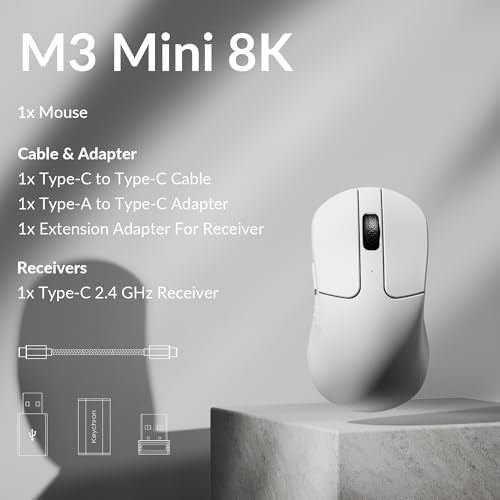 Keychron M3 Mini 8K Wireless Gaming Mouse, 55g Lightweight, PixArt 3950 Sensor, 30K DPI, Bluetooth 5.3/2.4GHz/Wired, Programmable, 140H Battery, for Mac/Windows/Linux - White - color: White
