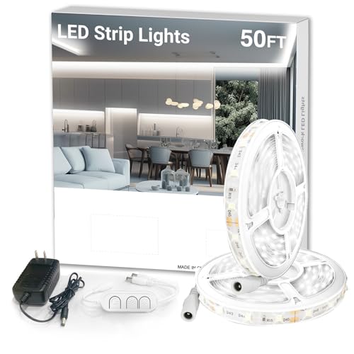 dalattin Dimmable White LED Strip Lights,576 LEDs/m Addressable High Density Flexible with Remote & App Control, 50ft LED Lights for Living Room, Bedroom, Kitchen Lighting - size: 50FT