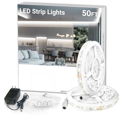 dalattin Dimmable White LED Strip Lights,576 LEDs/m Addressable High Density Flexible with Remote & App Control, 50ft LED Lights for Living Room, Bedroom, Kitchen Lighting - size: 50FT