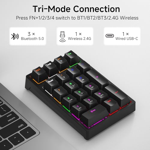 Wireless Numeric Keyboard | Mechanical Number Pad with RGB LED Backlit Wireless 2.4G/Bluetooth 5.0/Wired USB-C Rechargeable Numeric Keypad for Win/Mac - color: Black