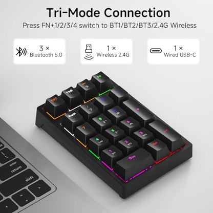 Wireless Numeric Keyboard | Mechanical Number Pad with RGB LED Backlit Wireless 2.4G/Bluetooth 5.0/Wired USB-C Rechargeable Numeric Keypad for Win/Mac - color: Black